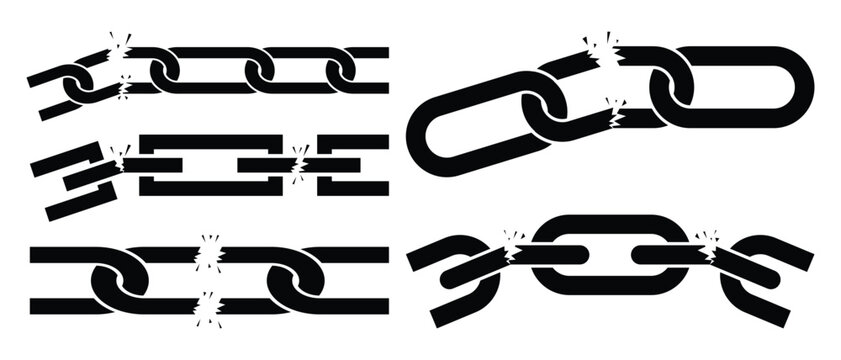 Broken chain icon set. Illustration of broken chain links representing separation and disconnection. Vector illustration.