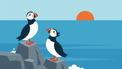 Fototapeta premium Pair of cute puffin birds perched on coastal rocks watching the orange sunset over a calm blue ocean background.