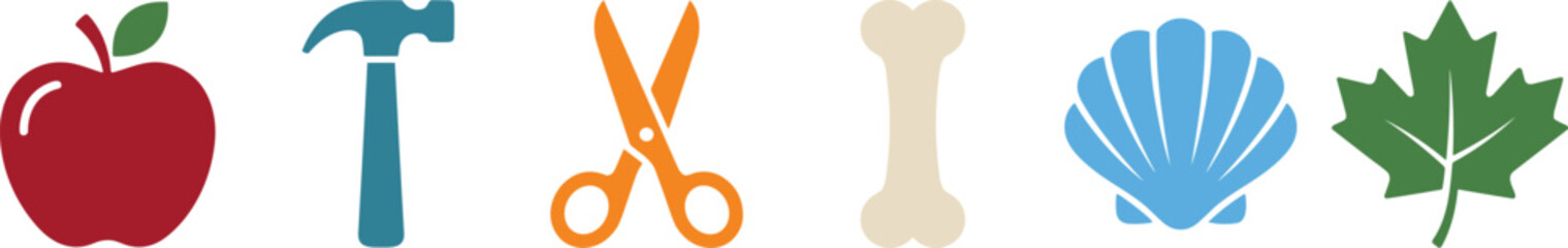 Fototapeta premium Minimalist Flat Vector Icon Set Featuring Apple, Hammer, Scissors, Bone, Seashell, and Maple Leaf Elements for Education Mobile Apps and Infographic Designs