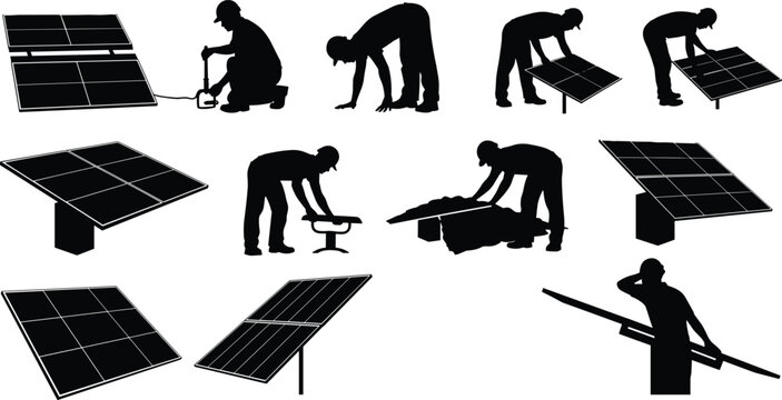 Black silhouettes of solar panels and workers installing renewable energy equipment on a clean white background