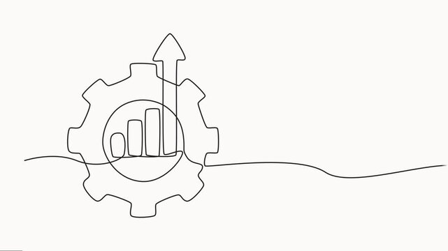 Self drawing line animation Productivity bar chart with gear continuous one single line drawn, Graph going up with an arrow, business concept animation video