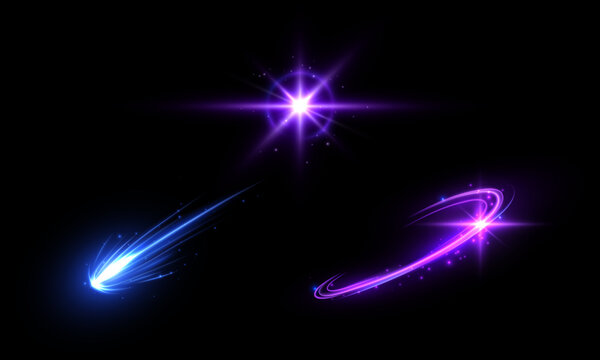 Set of glowing magic light effects with blue comet streak, purple star flare, curved energy trail, bright sparks, and luminous motion on a black background. Vector illustration.