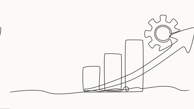 Self drawing line animation Productivity bar chart with gear continuous one single line drawn, Graph going up with an arrow, business concept animation video