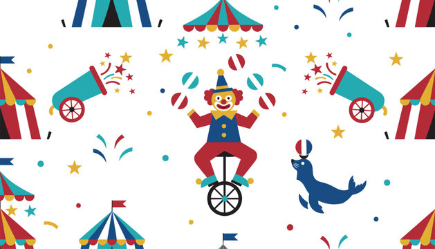 Colorful seamless pattern showcasing a circus theme with juggling clown on a unicycle, performing seal, and cannons.