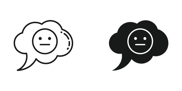 Neutral face emoji in speech bubble with outline and solid fill for communication concepts