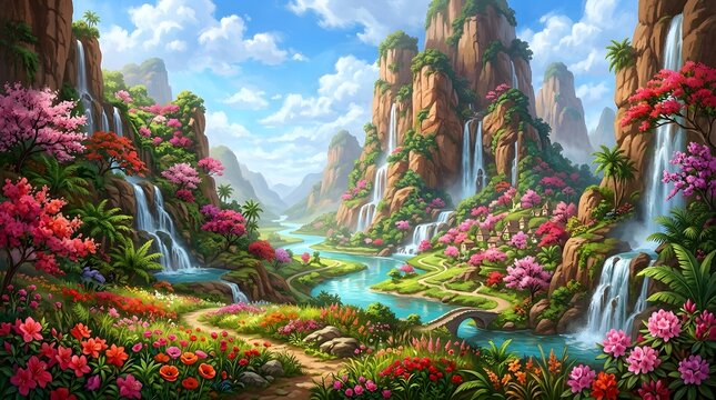 Majestic fantasy landscape with towering mountains waterfalls and vibrant floral scenery