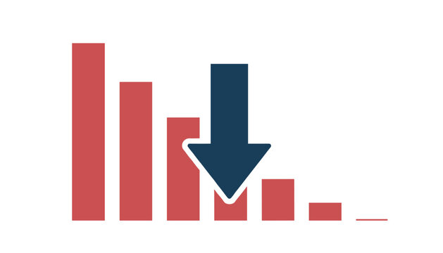 Financial bar chart with red bars and a dark blue downward arrow representing economic loss, crisis, or decline.