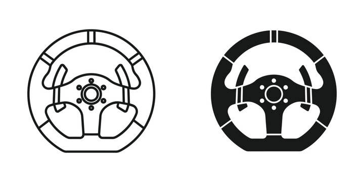 Two steering wheel icons one outlined and one solid black on a white background representing racing simulation