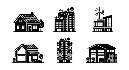 Naklejka premium Building icon set, silhouette style, white background