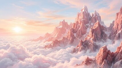Naklejka premium Majestic mountain range above a sea of clouds at sunrise with a warm golden glow