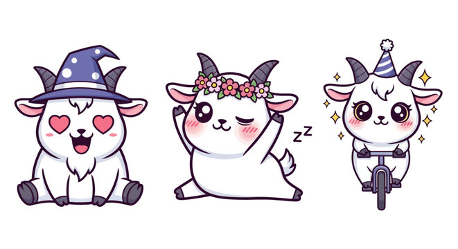 Cute cartoon goats with festive costumes and expressions.