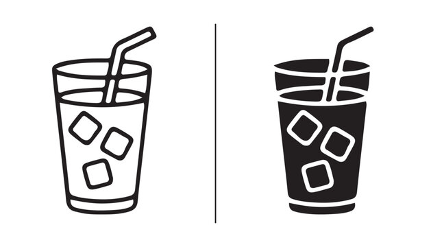 Two Glasses of Refreshing Drink: Two contrasting glasses filled with ice cubes and a straw, presented in both outline and silhouette styles, represent the universal appeal of a cool beverage.