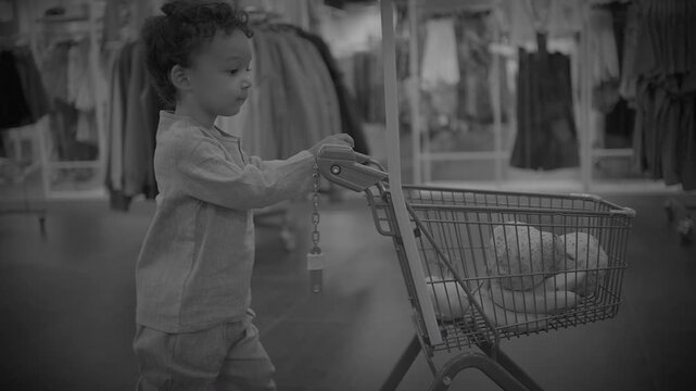 Young child pushing small shopping cart in clothing store aisle