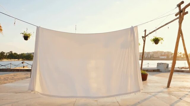 Clean white laundry sheet hanging on a clothesline outdoors by the sea at sunset