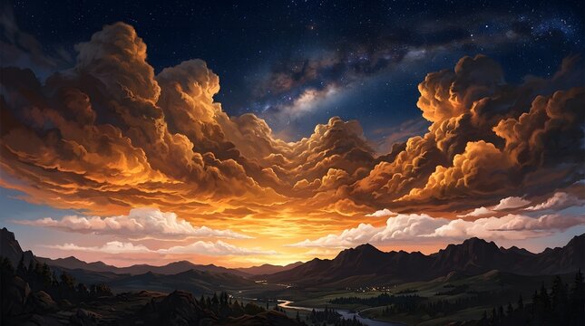 Dramatic night landscape with illuminated clouds and the milky way over mountains and a small town