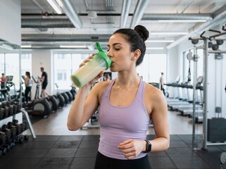 Fototapeta premium Woman drinking protein shake after workout in modern gym with exposed pipes