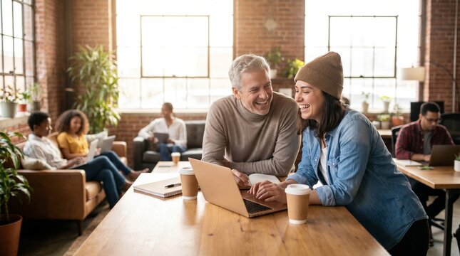 Cheerful diverse colleagues of different generations laughing and collaborating over a laptop during a meeting in a creative co-working space