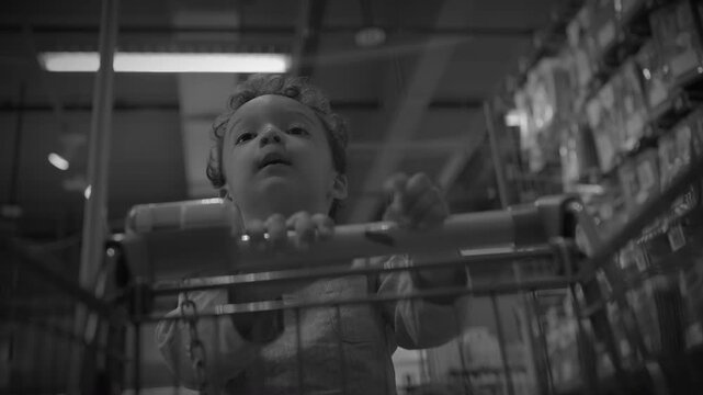 Curious child standing in shopping cart in supermarket aisle