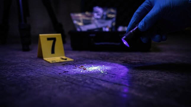 Crime scene investigation with gloved hand using flashlight