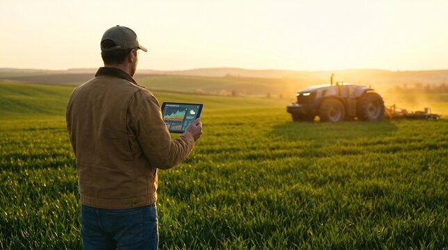 Rear view of smart farmer holding digital tablet with data graphics while managing autonomous tractor in green agricultural field at sunset
