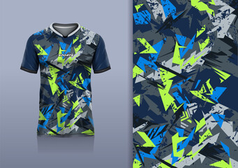 T-shirt mockup abstract rustic grunge jersey design for football, soccer, racing, esports, running, in green gray blue color © Nimpuna O