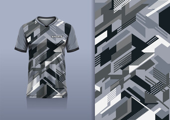 T-shirt mockup with abstract stripe line sport jersey design for football, soccer, racing, esports, running, in black white gray color © Nimpuna O