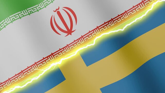 Two waving flags Iran and Sweden with diagonal lightning seamless, 4k loop