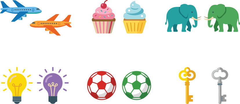 Flat Vector Icon Collection with Paired Airplanes Sweet Cupcakes Elephants Lightbulbs Soccer Balls and Vintage Keys for Web and App UI Design