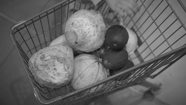 Kid Reaching into Small Metal Shopping Cart Filled with Root Vegetables