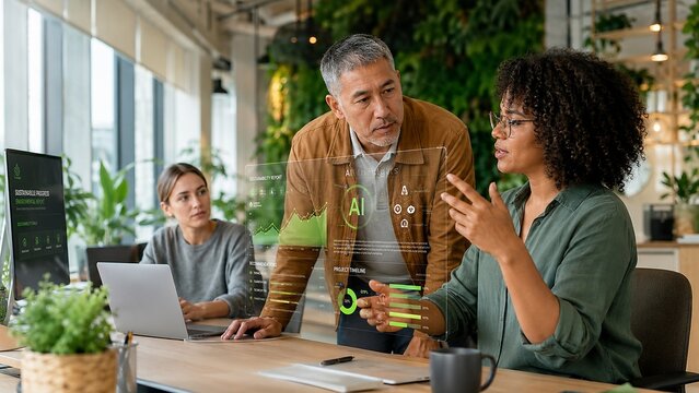 Diverse team analyzing AI sustainability data on a holographic screen