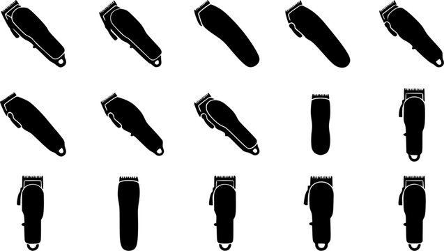 Hair clipper silhouette icon set, flat black glyph style, pure white background
