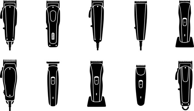 Hair clipper silhouette icon set, flat black glyph style, pure white background