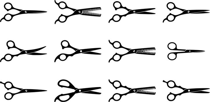 Barber scissors silhouette icon set, flat black glyph style, pure white background