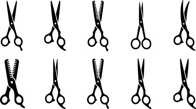 Barber scissors silhouette icon set, flat black glyph style, pure white background