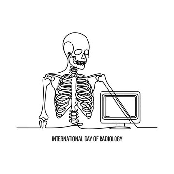 Continuous line drawing of a human skeleton sitting in front of a computer monitor.