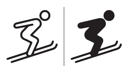 Skiing Silhouette: A minimalist representation of a skier in dynamic motion, presented in both outline and solid silhouette forms. © iconstore