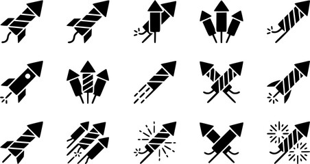Fototapeta premium Firework rocket silhouette icon set, flat black glyph style, pure white background