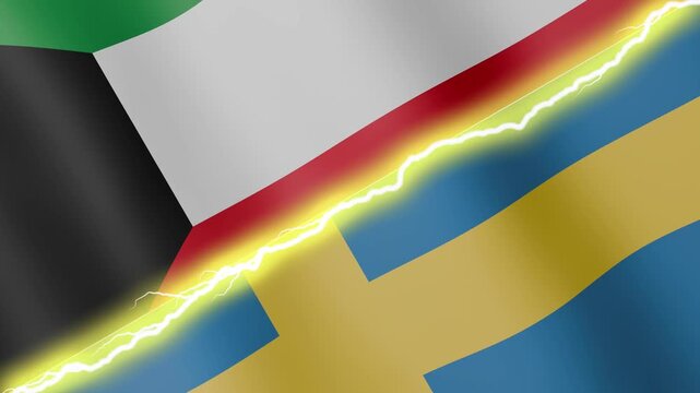 Two waving flags Kuwait and Sweden with diagonal lightning seamless, 4k loop