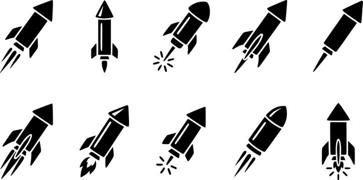 Firework rocket silhouette icon set, flat black glyph style, pure white background