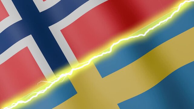 Two waving flags Norway and Sweden with diagonal lightning seamless, 4k loop