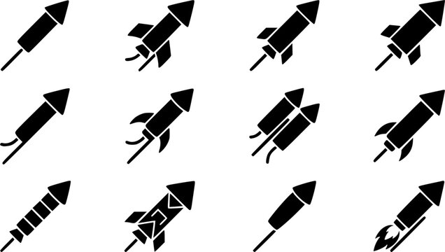 Firework rocket silhouette icon set, flat black glyph style, pure white background