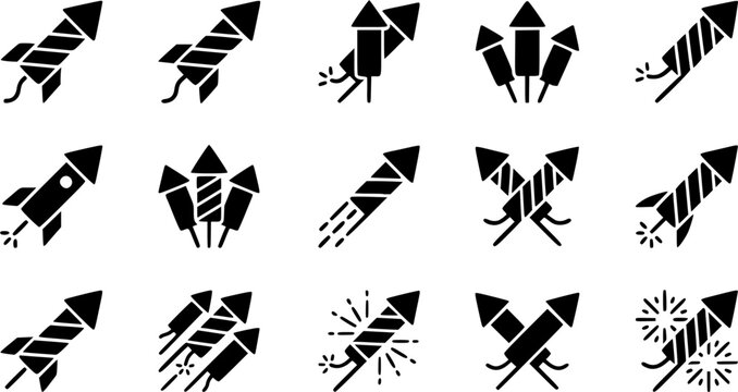 Firework rocket silhouette icon set, flat black glyph style, pure white background