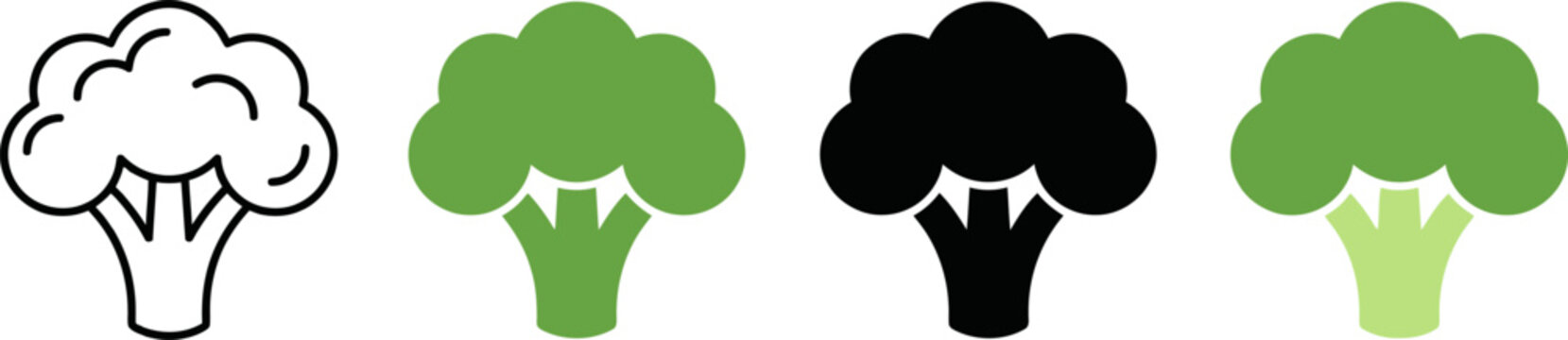 Four different colored broccoli icons on white background