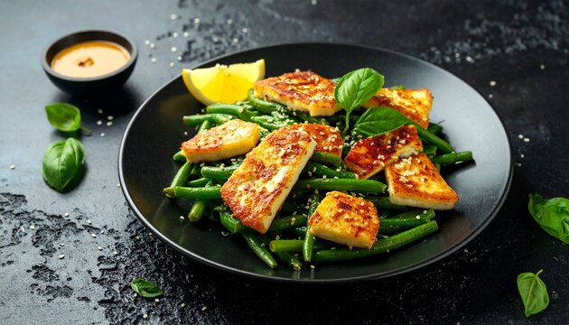 Gr&uuml;ne Bohnen mit Halloumi und Sesam