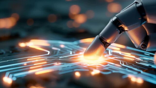 Robotic finger touching glowing circuit board for artificial intelligence technology