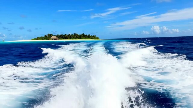 Speedboat wake in deep blue ocean water towards a tropical island with palm trees and beach