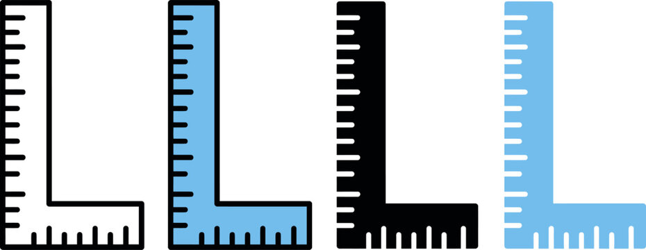 Four different colored L shaped rulers on white background