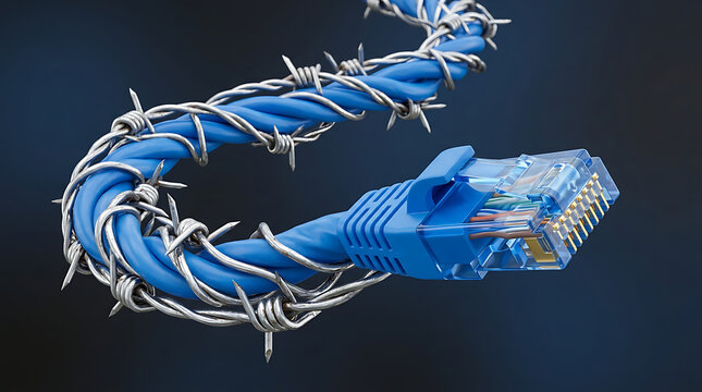 Blue Ethernet cable with barbed wire representing internet restriction and censorship