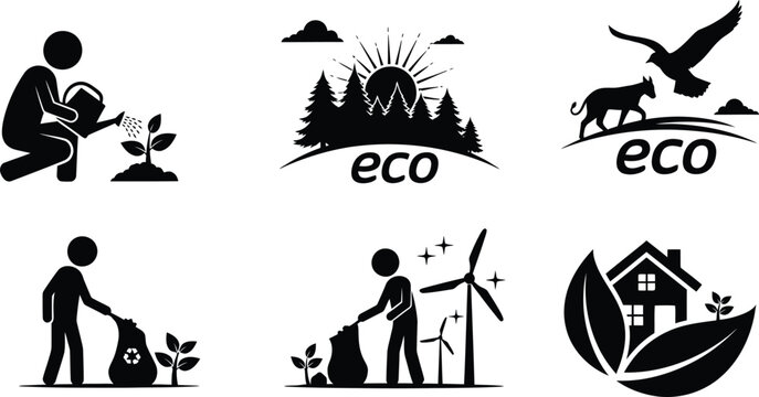 Eco Friendly Sustainability and Environmental Care Black Silhouette Icon Set