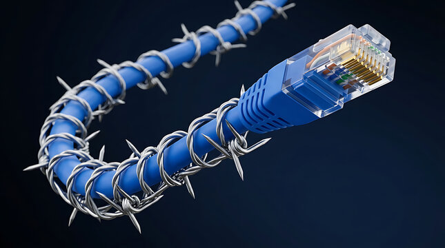 Secure internet ethernet cable wrapped in protective barbed wire representing digital safety
